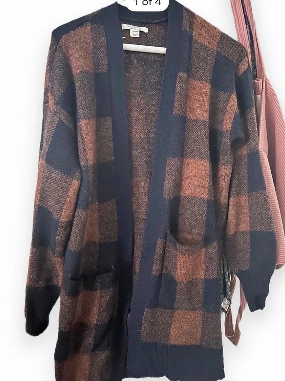 American Eagle Plaid Open Front Cardigan Brown Black XXS